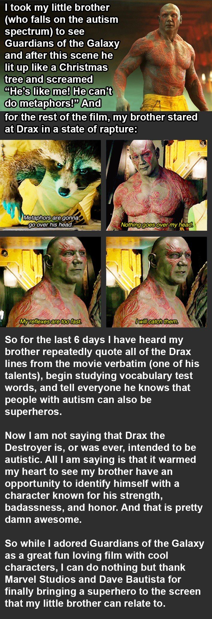 Drax from Guardians of the Galaxy is Role Model for Boy with Autism